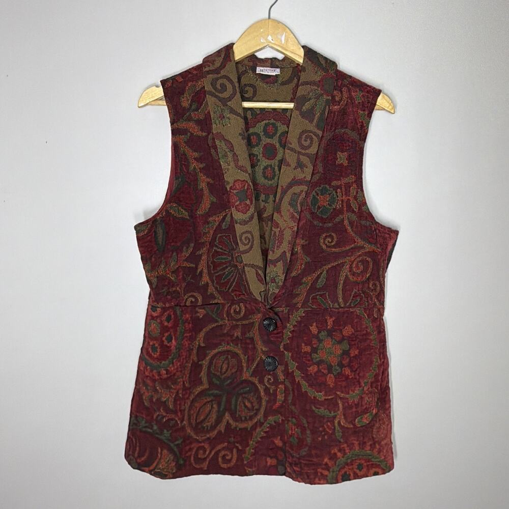 Habitat Vintage 90s Red Floral Tapestry Vest Shawl Collar Artsy Boho Jaquard